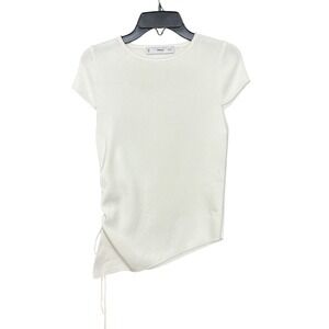 Mango Pepa Side Tie Rib Top White Crewneck Short Sleeve Asymmetrical Hem Size S